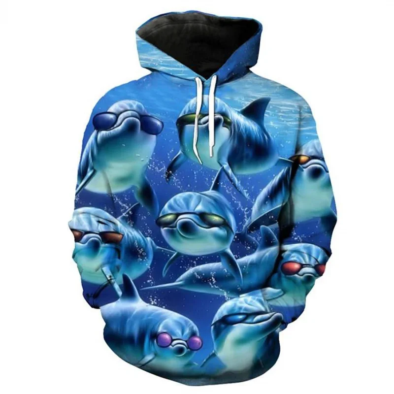 Men's Street Hip Hop Cool Dolphin Animal Hoodie 3D Printed Seabed Underwater World Pattern Funny Cute Sea Turtles Hoodies