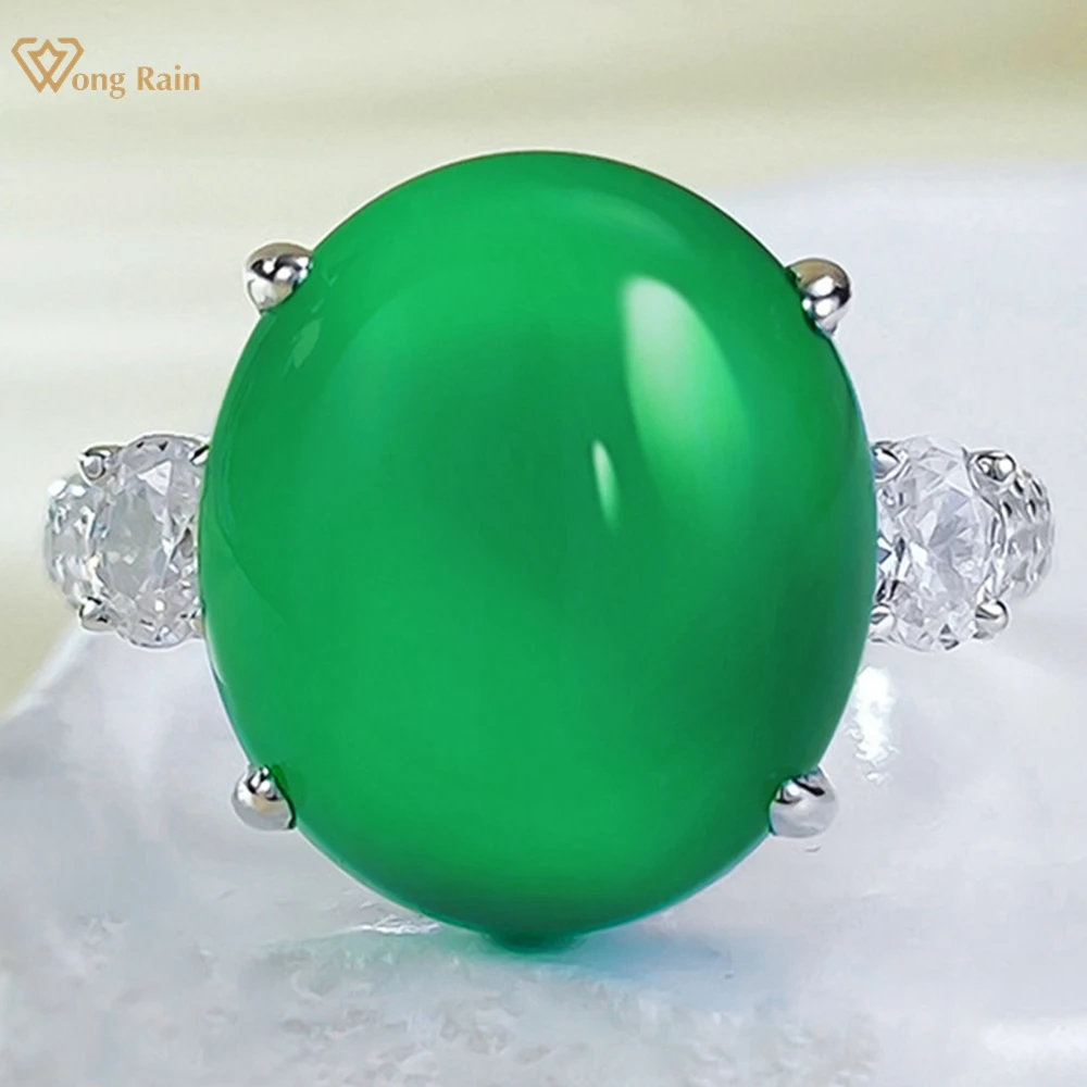 Wong Rain Vintage 925 Sterling Silver 12*14 MM Oval Jade High Carbon Diamond Gemstone Wedding Party Ring for Women Fine Jewelry