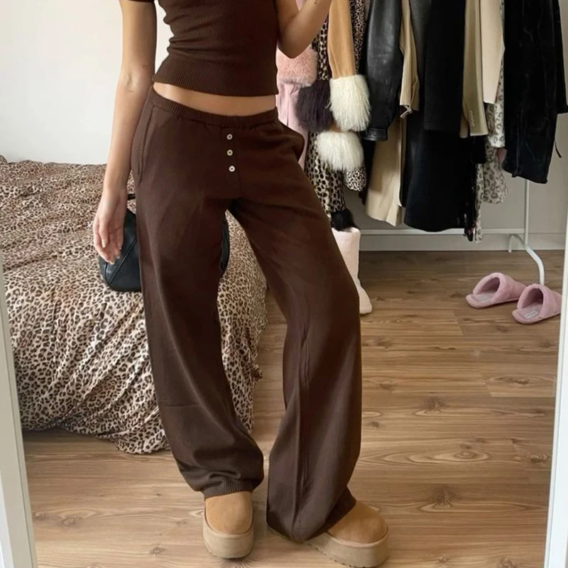 HEYounGIRL Knitted Casual Sweatpants Women High Street Vintage Brown Fall Winter Fake Buttons Straight Pants Sporty Joggers 2024