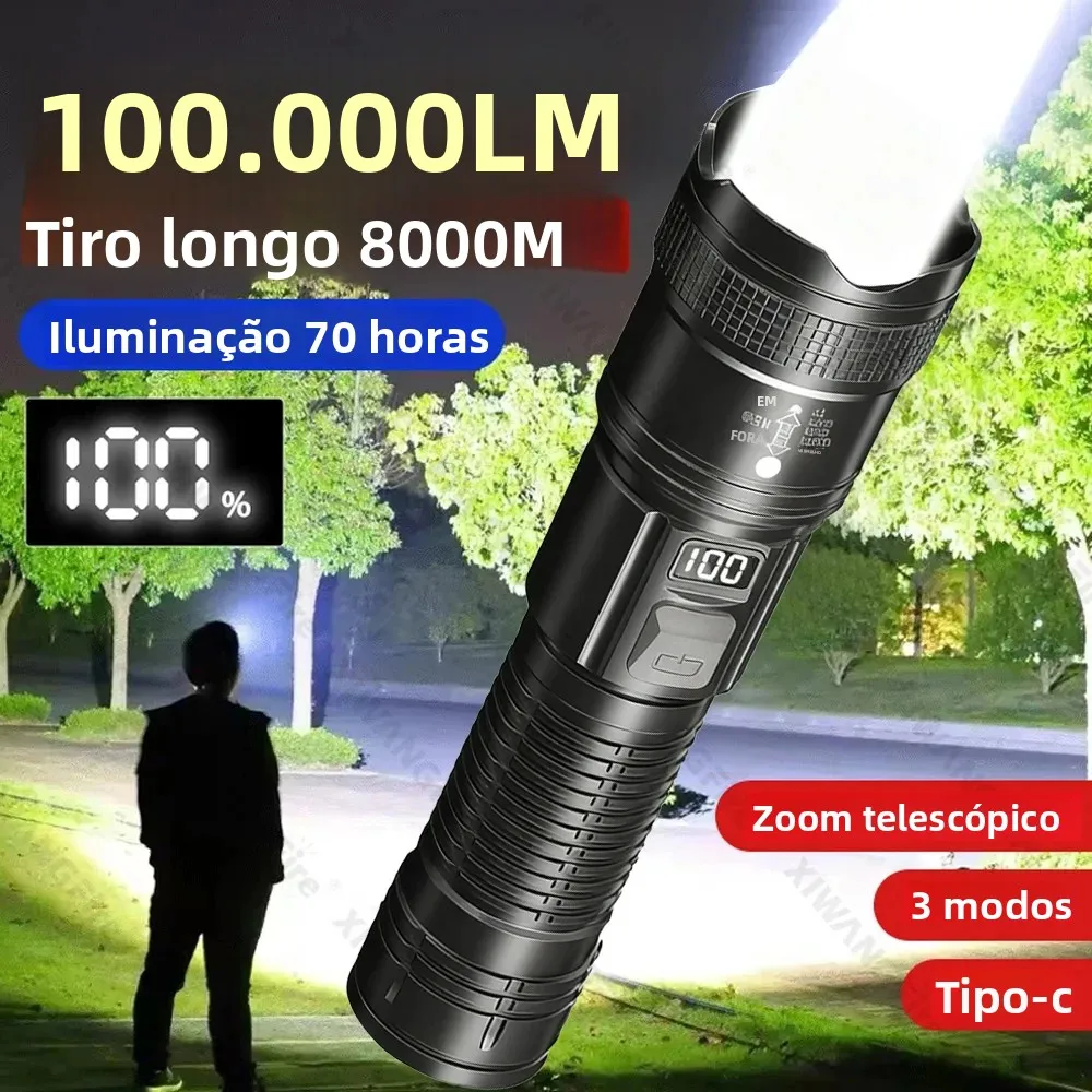 Lanterna de 100000 lúmens, tocha tática recarregável portátil, lanterna à prova d'água para acampamento ao ar livre, presente perfeito para homens