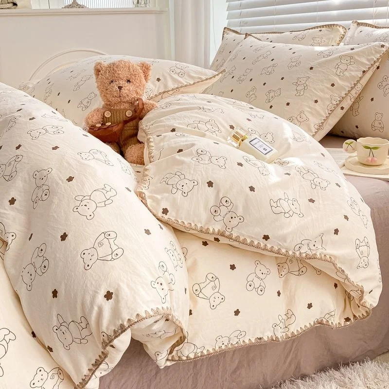 

Комплект постельного белья с милым мультяшным медведем, простой пододеяльник, хлопковое постельное белье, простыни, наволочка, одиночная и двойная для детей, Декор для дома