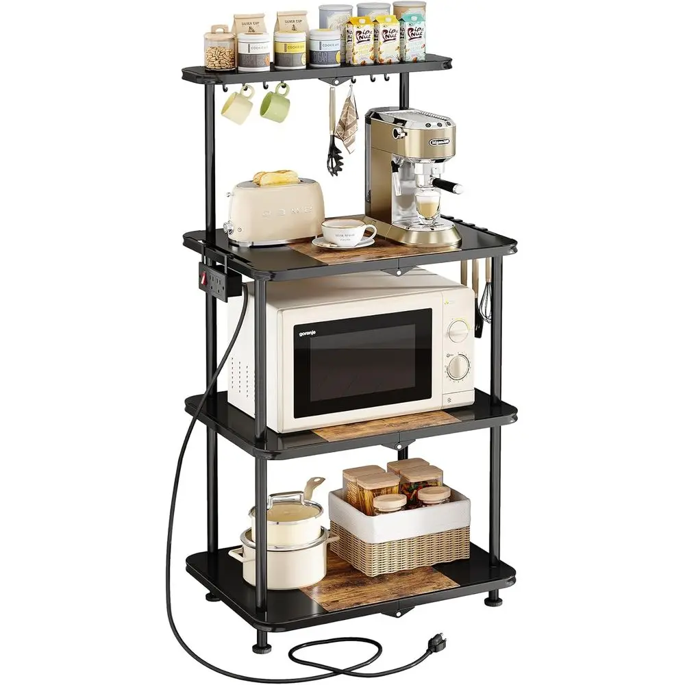 

Kitchen Bakers Rack with Power Outlet - Easy & Tool-Free Assembly, Adjustable Coffee Bar Station 4 Tiers, Microwave Stand w