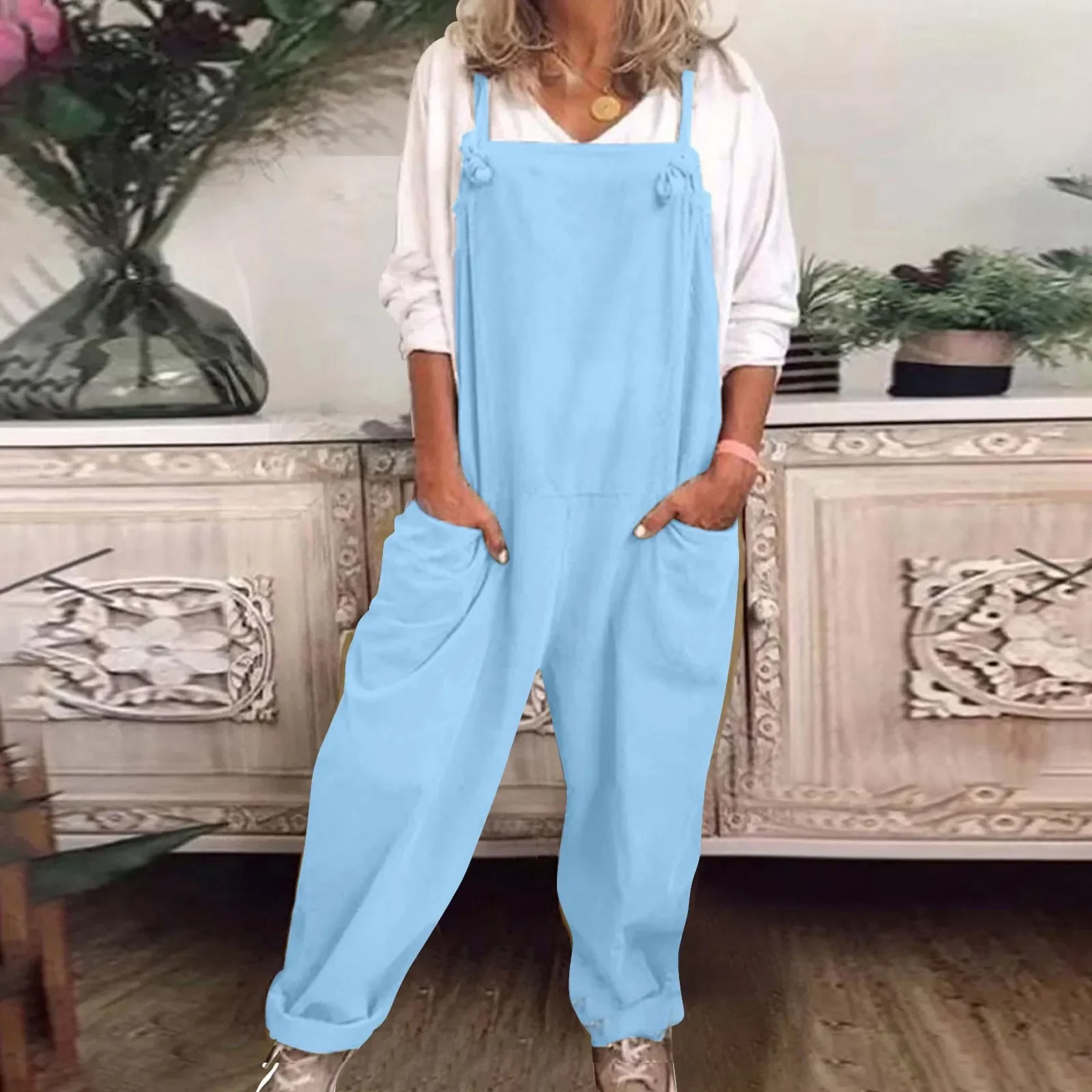 

plus Size Long Sleeve Jumpsuit for Women Womens Plus Size Overalls Casual Loose Dungarees Romper Bandage for Women Jumpsuits