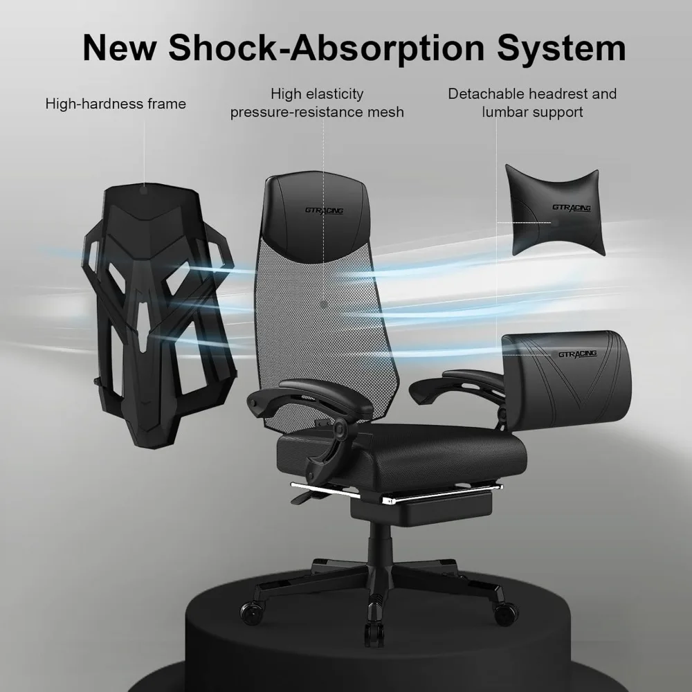 Silla ergonómica para juegos con respaldo de malla con reposapiés y reclinación ajustable para cómodos juegos por computadora