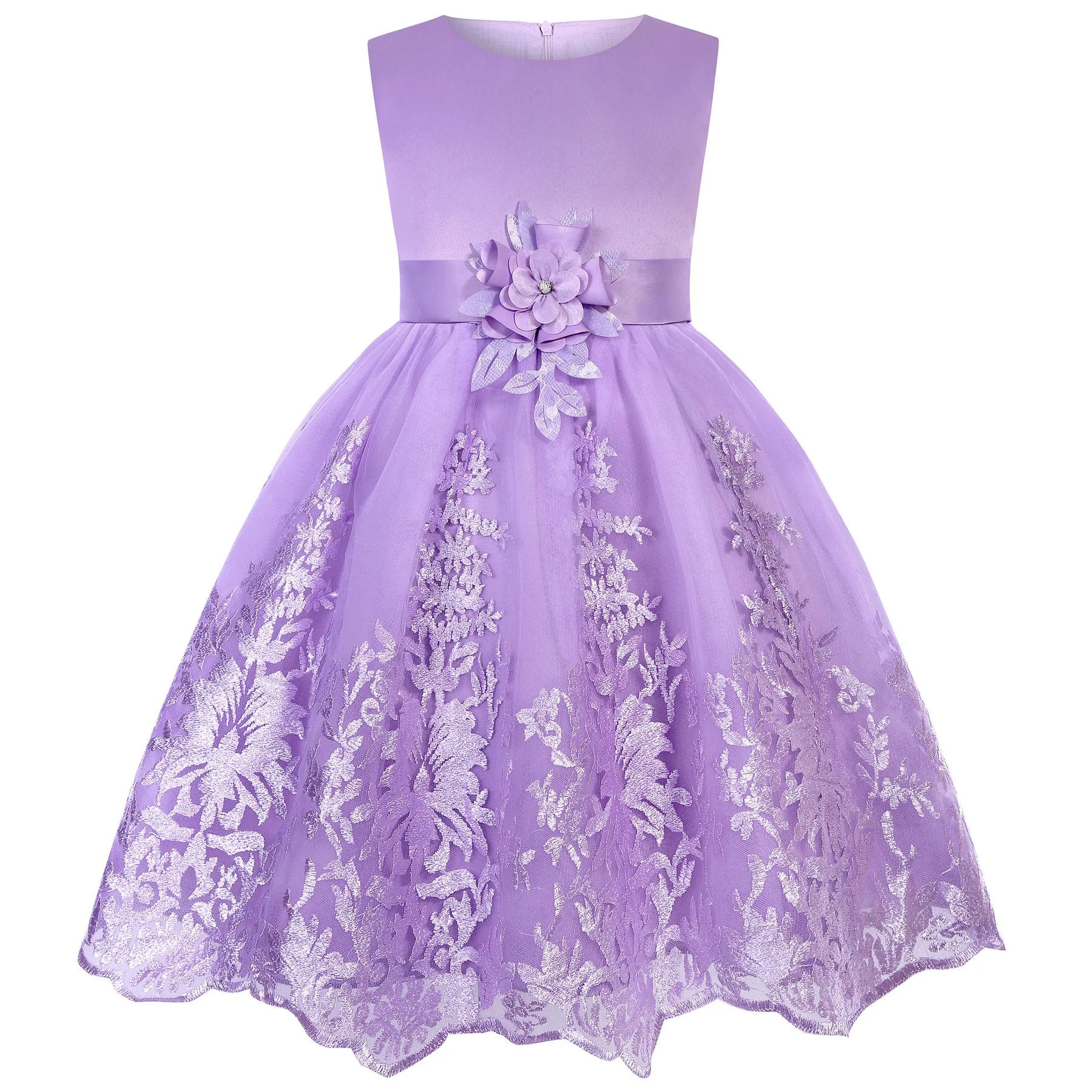 Children Sleeveless Flower Embroidery Tulle Princess Dresses For Girls Formal Banquet pageant Birthday Party Prom Puffy Gown