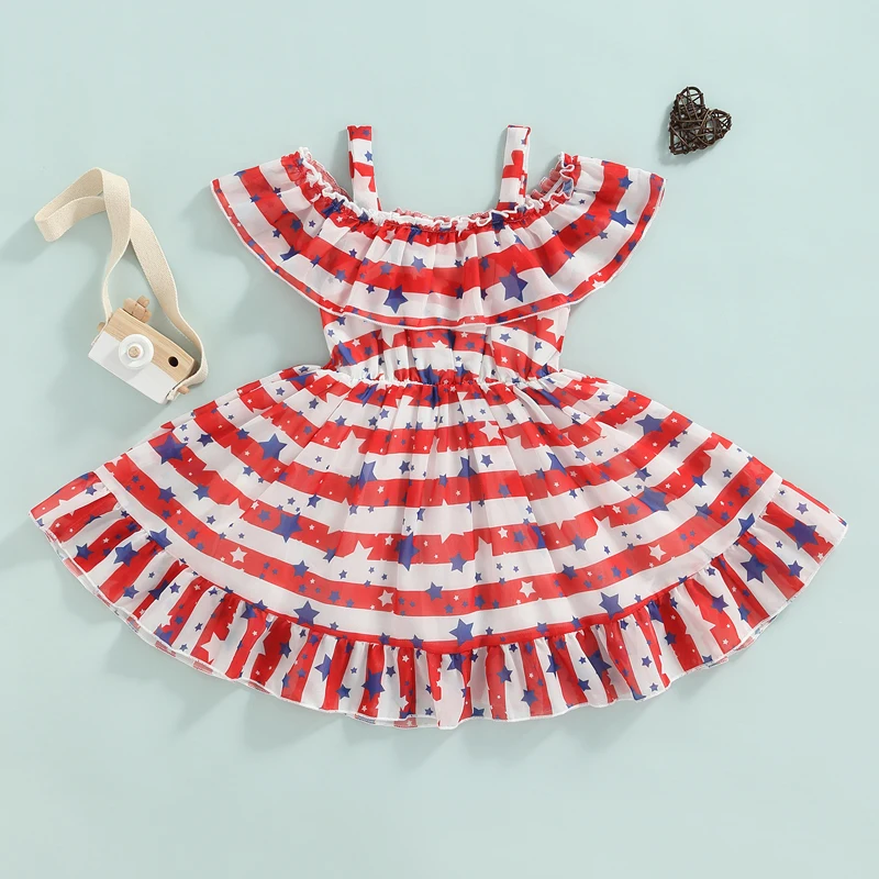 Girls American Flag Print Sleeveless Dress with Ruffles and Bow Detail - Patriotic Toddler Princess Dress for Independence Day