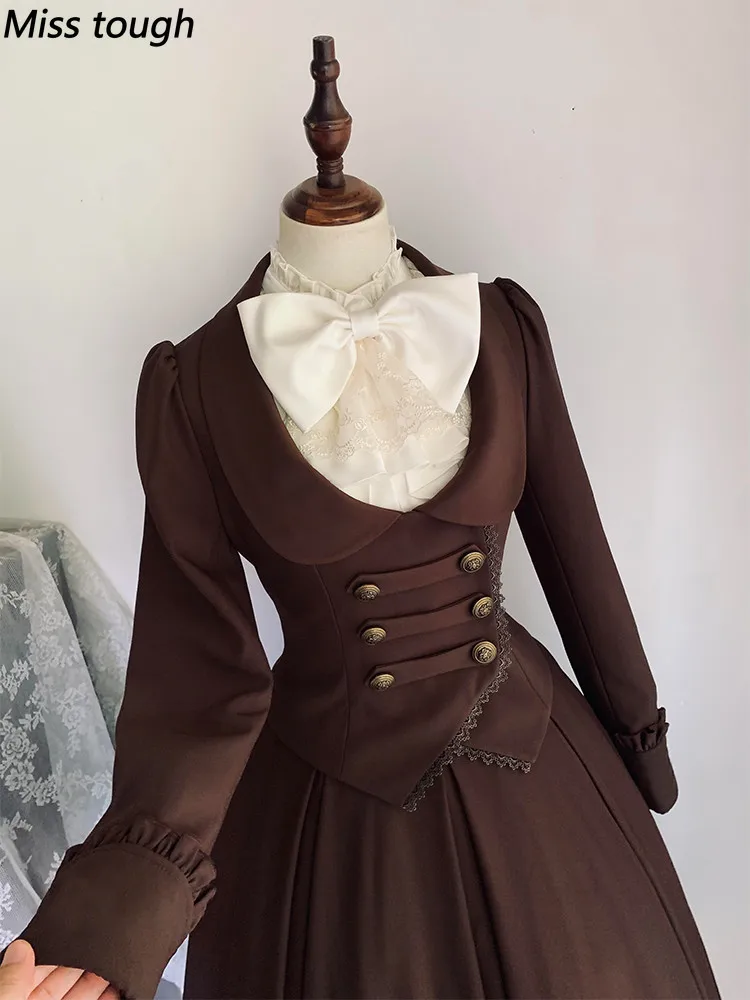 Autumn Winter Gothic Vintage Lolita Women 2 Pieces Set Double-breasted Coat Tops + Brown Skirt Subculture Cosplay French Outfits