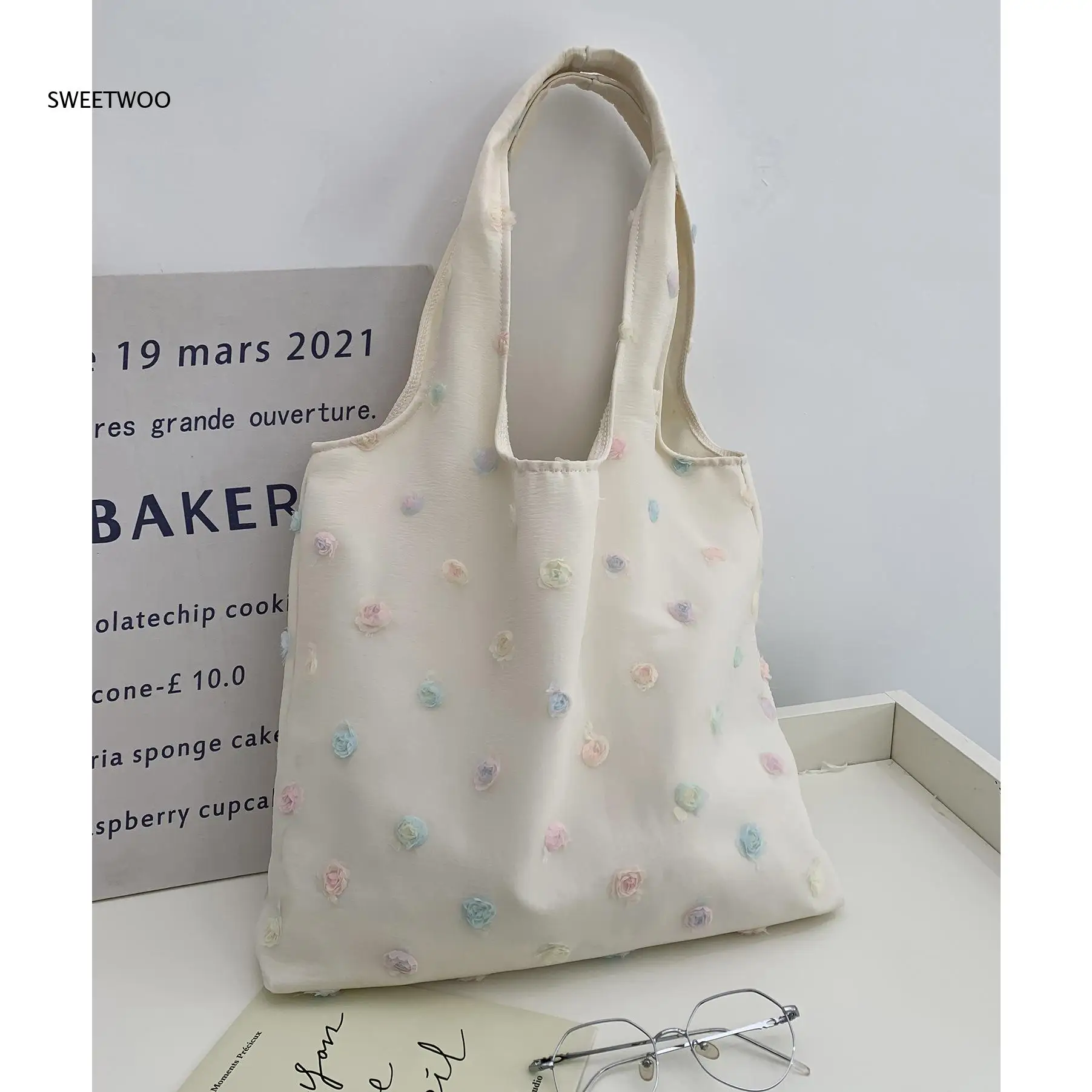 Kawaii Pastel Floral Shoulder Bag Large Capacity Canvas Material Perfect For Daily Commute And School Use