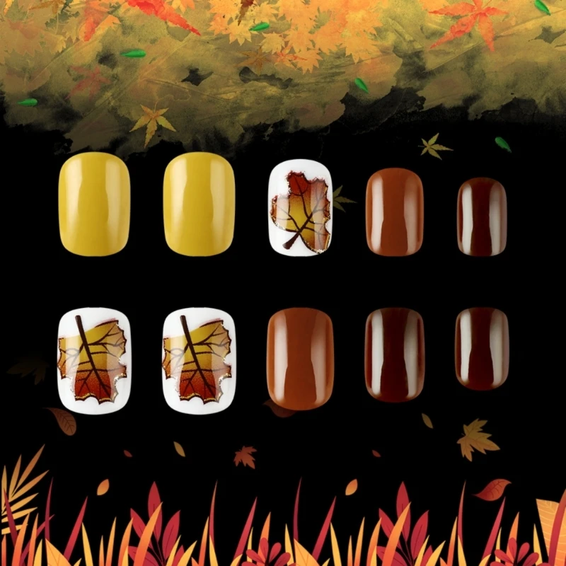 Thanksgiving Press on Maple Leaf Short Square False Nails Set Easy Apply E1YF