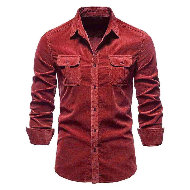 

Men's Long Cotton Corduroy Shirt Autumn Fashionable Pocket Design Iron-Free Striped Pattern Casual Business Dress Shirt