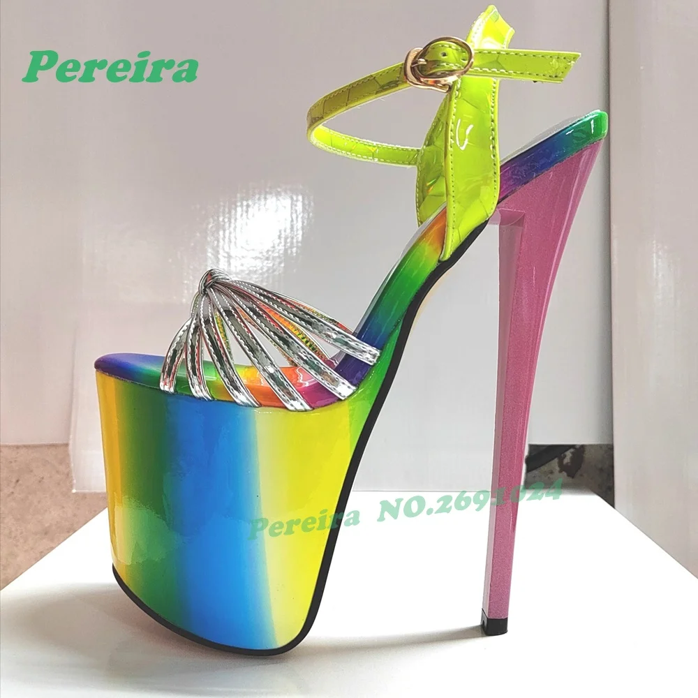 Rainbow Gradient Platform Heels Sandals Neon Patent Leather Stiletto Sandals for Pole Dance Cut Out Buckled Slingback Shoes Sexy