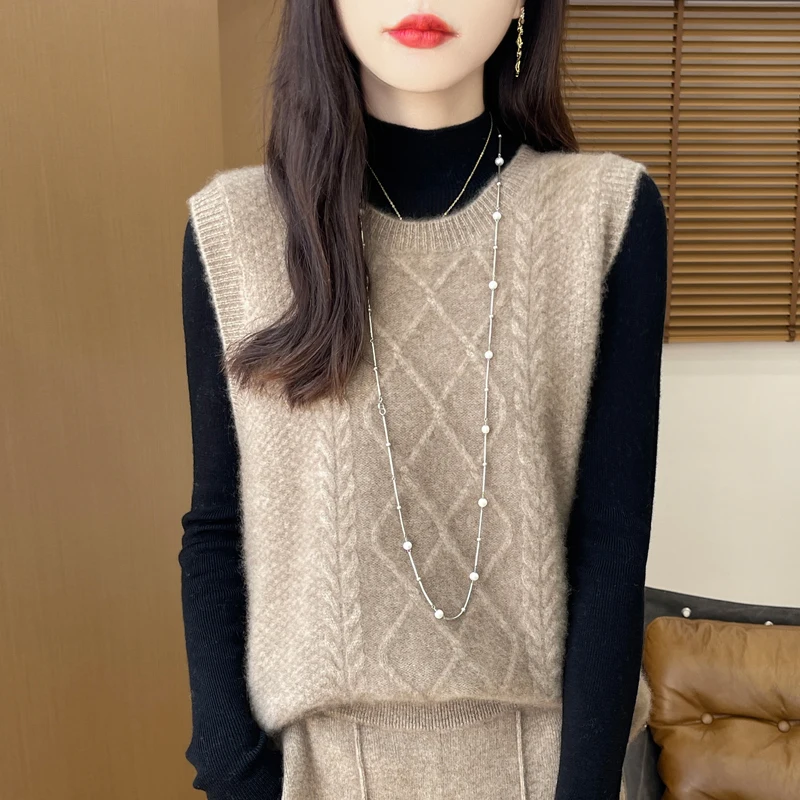 Autumn and winter new 100% pure wool women\'s O-neck pullover sweater vest knitted cashmere bottoming shirt