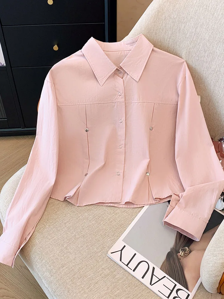 Simple Fashion Shirt Sleeve Crop Top Women Rivet Design Polo-Neck Shirts Autumn Winter Casual Loose Trend Overshirt Mori Girl