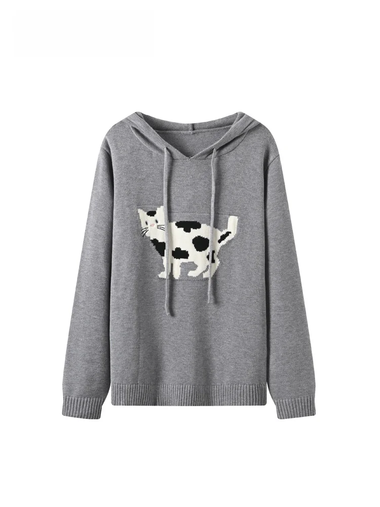 

Женский длинный вязаный свитер больших размеров с капюшоном, свободный крой, осень-зима, модный универсальный топ для похудения для девочек больших размеров