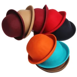 Chapeau Fedora plat en pure laine pour enfants et adultes, chapeau melon rond élégant pour dames, chapeau Jazz à large bord, document 216.239.