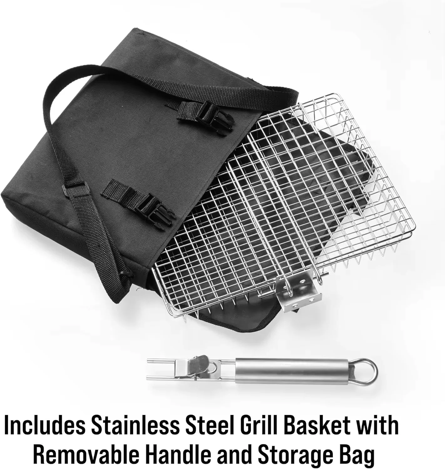 Stainless Steel Adjustable Grill Basket with Removable Handle for Charcoal Grill