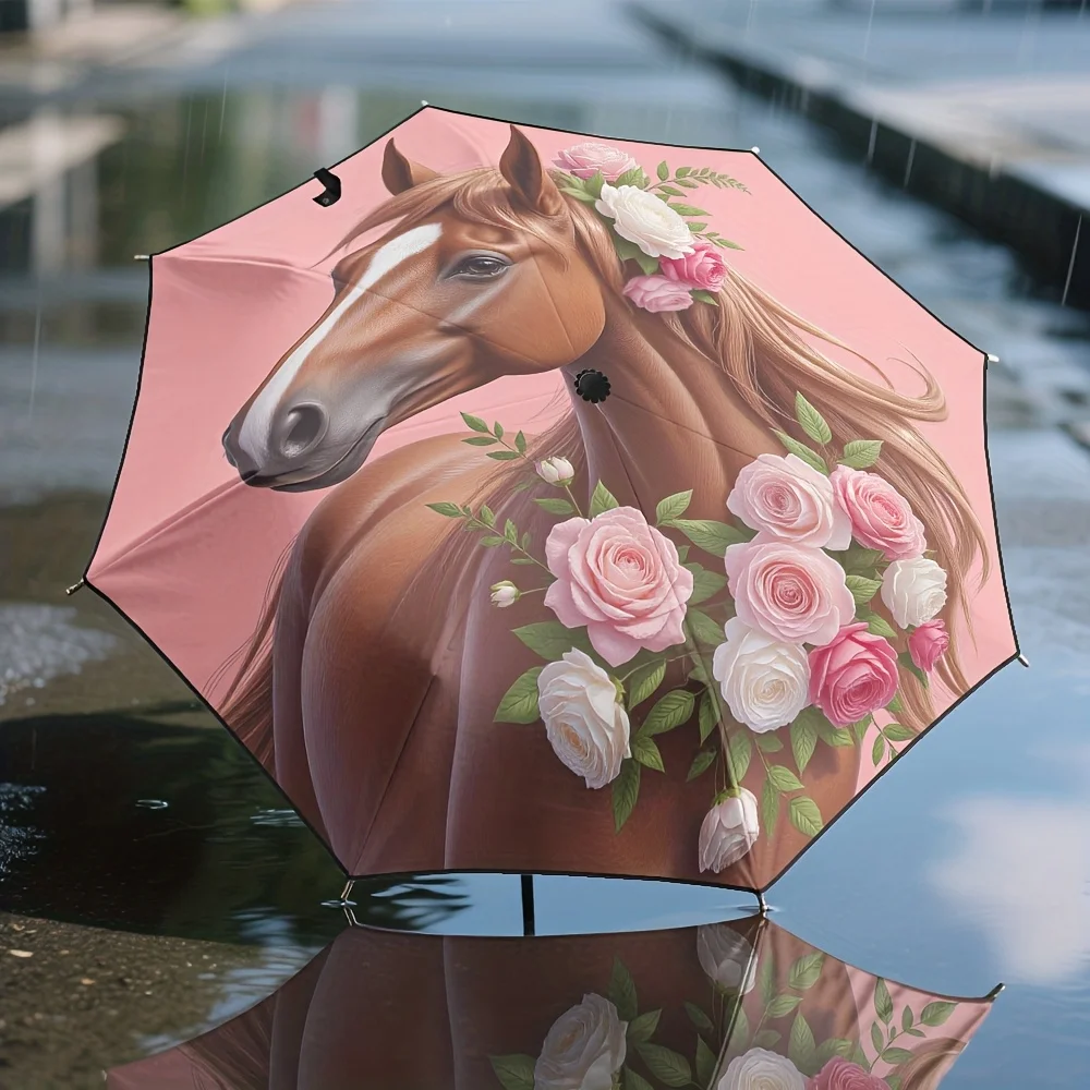 

Компактный зонт с цветочным дизайном (лошадь и розовые розы), 1 шт., автоматическое открытие/закрытие, прочный каркас из 8 спиц, легкий, ткань 210T.