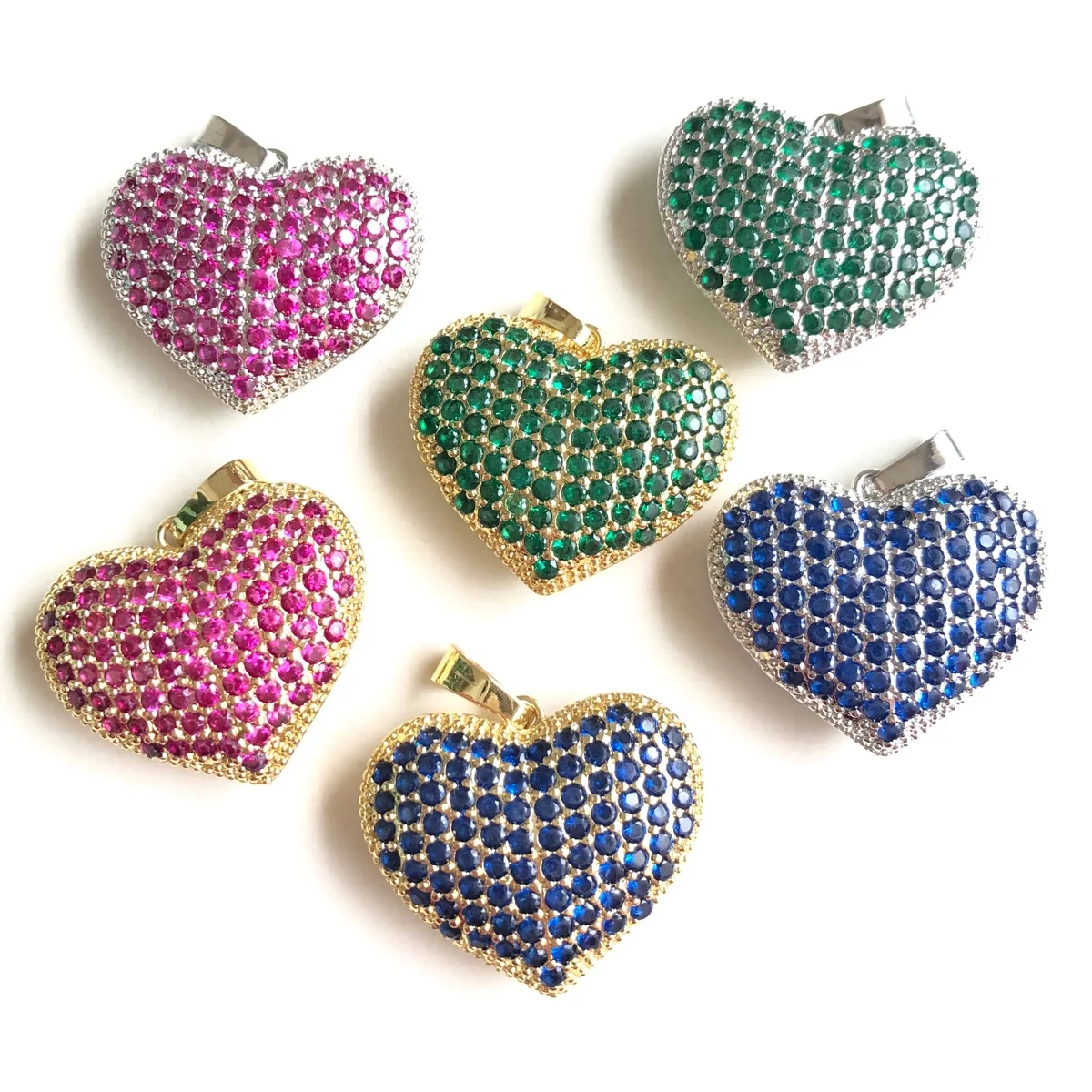 

5pcs Fuchsia Green Blue Zirconia Paved 3D Heart Charms Gold Color Pendants for Woman Jewelry Bracelet Necklace Making Findings