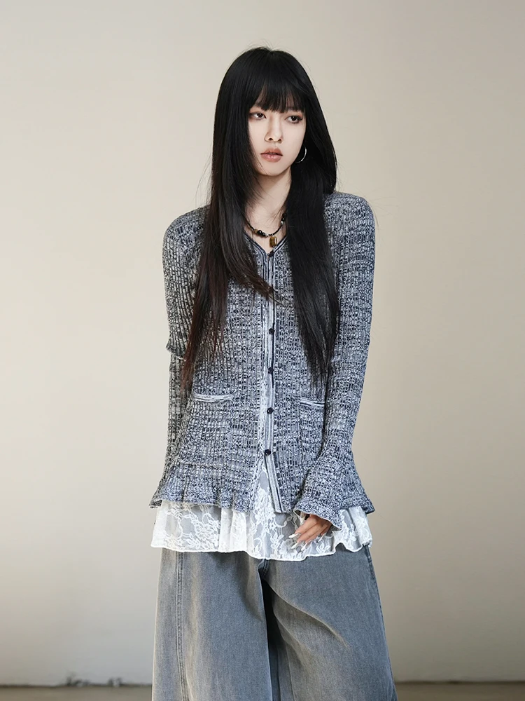 

Приталенный вязаный кардиган с V-образным вырезом, кружевной отделкой и утяжкой на талии, длинными рукавами, стандартной длины, для осени и весны