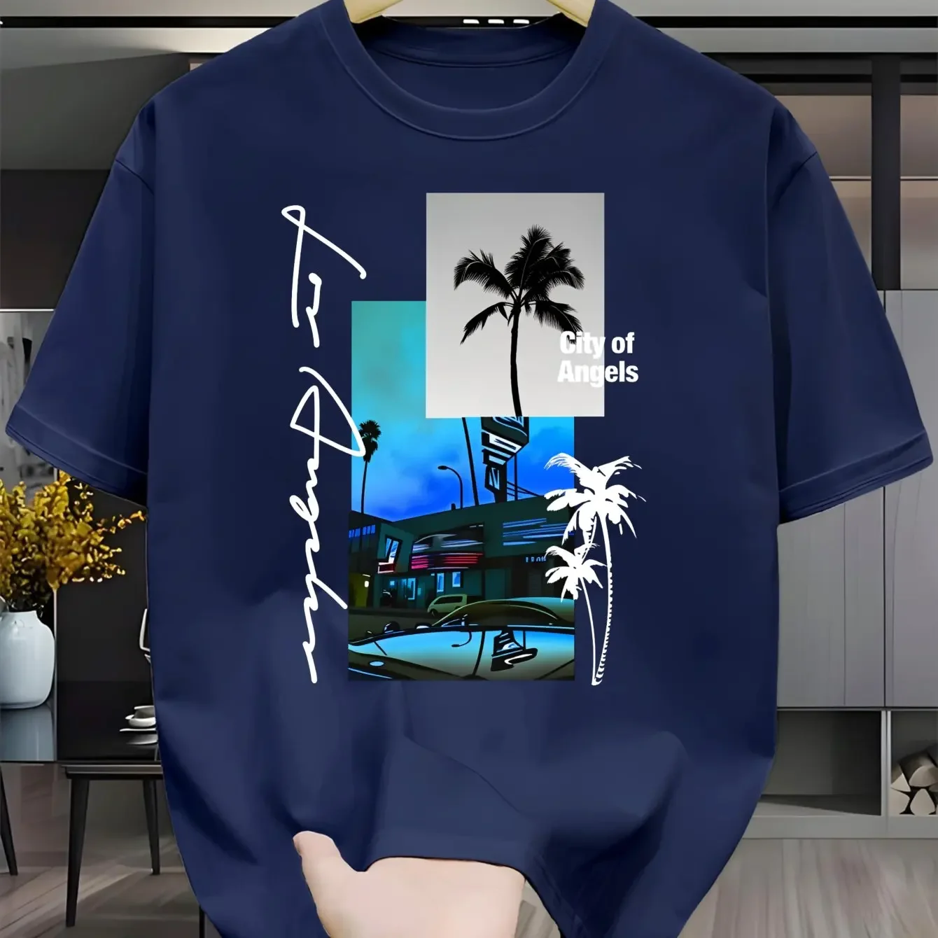 Los Angeles City Of Angels Street View Palm Tree Collage Graphic T Shirt Men Urban Retro City Print 100% Cotton Short Sleeve Tee