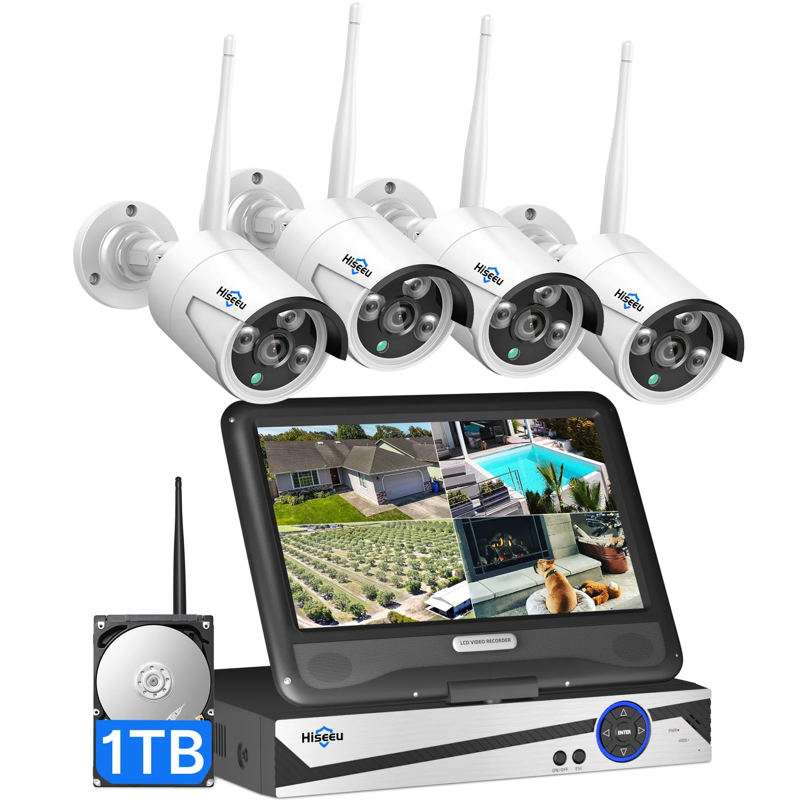

Hiseeu 10 Inch Screen monitor 4MP Outdoor WiFi with audio night vision Cctv home security camera system wireless