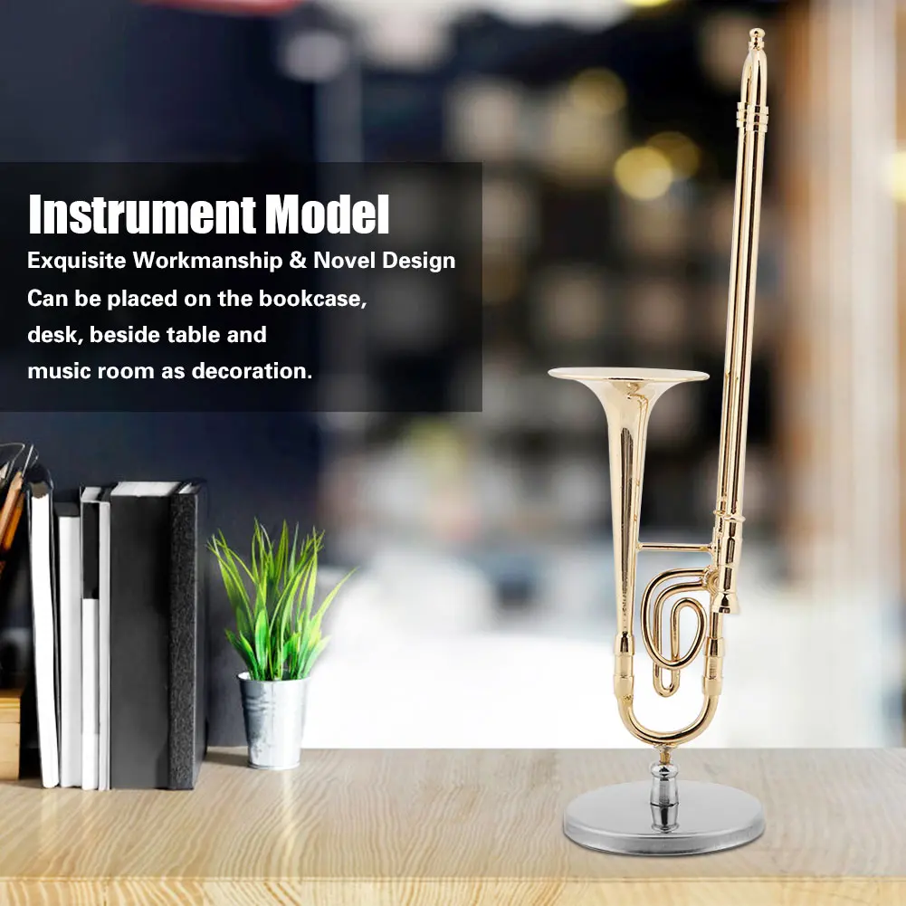 Miniature Trombone Trumpet Replica With Stand And Case Gold Plated Mini Instrument Model Musical Ornaments