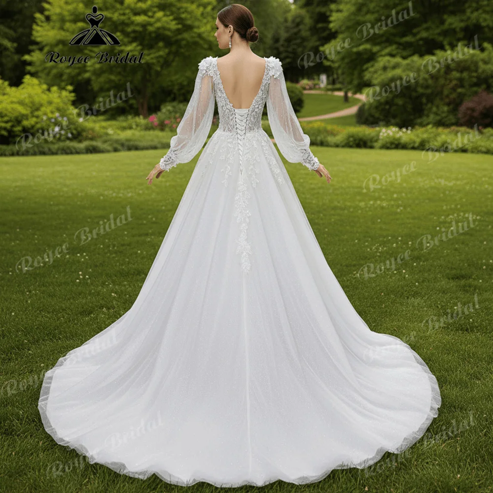 Deep V 3D Floral Wedding Dress Puff Pearl Tulle Sleeve Low Lace Up Back Sparkle Tulle A Line Bridal Gown Customized