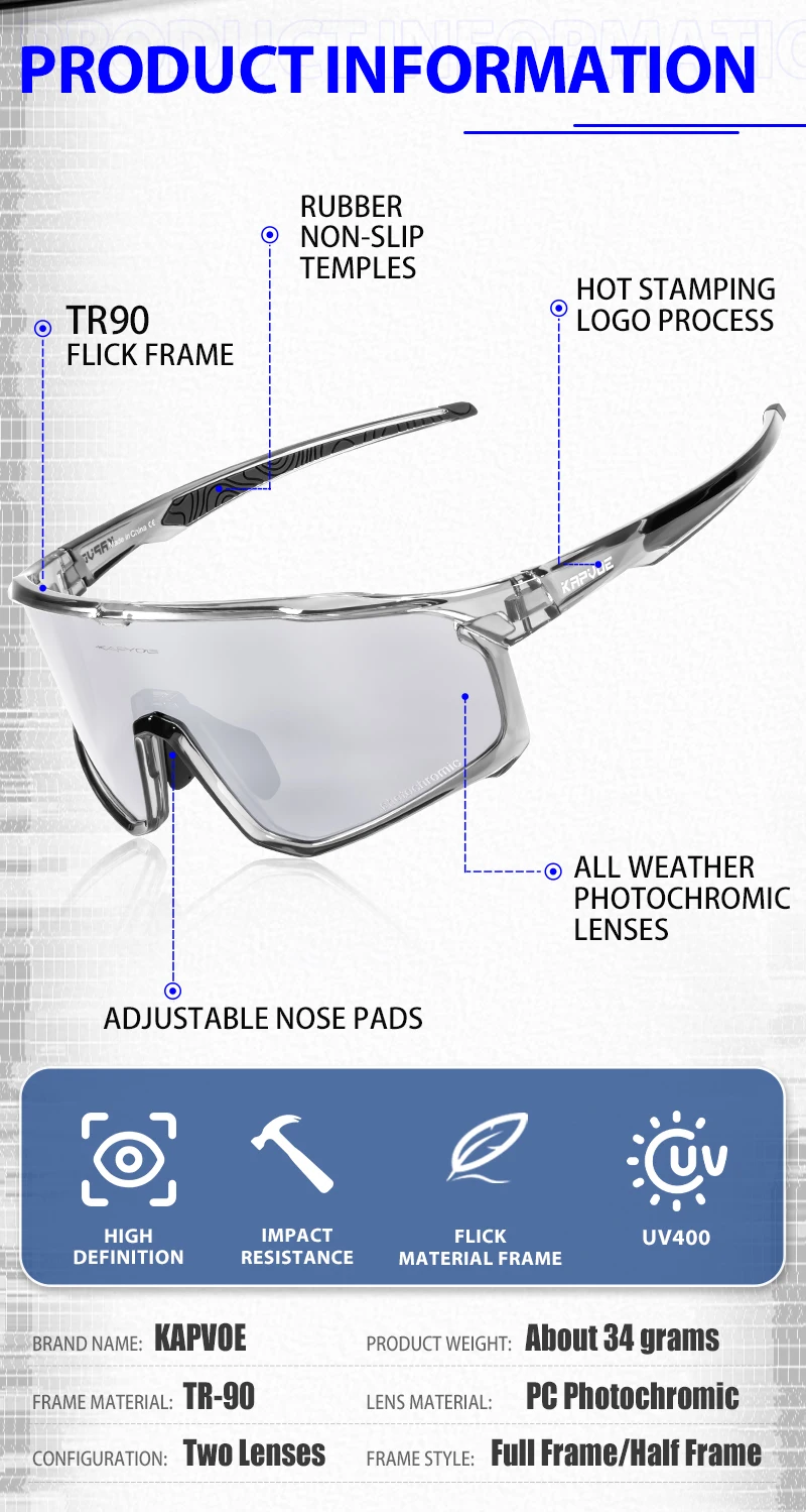 Kapvoe photo chrome Fahrrad brille für Männer mtb Sonnenbrille Mountainbike Fahrrad brillen Frauen Sport brille Road Speed Skating – Detail 2