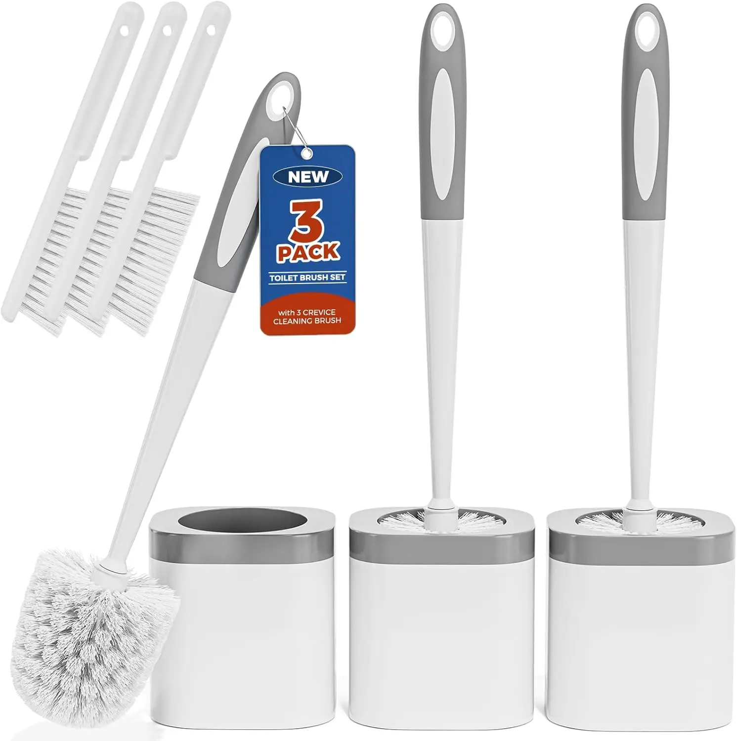 

3-Pack Toilet Brush Set with Holder and Crevice Brushes for Bathroom Cleaning, White