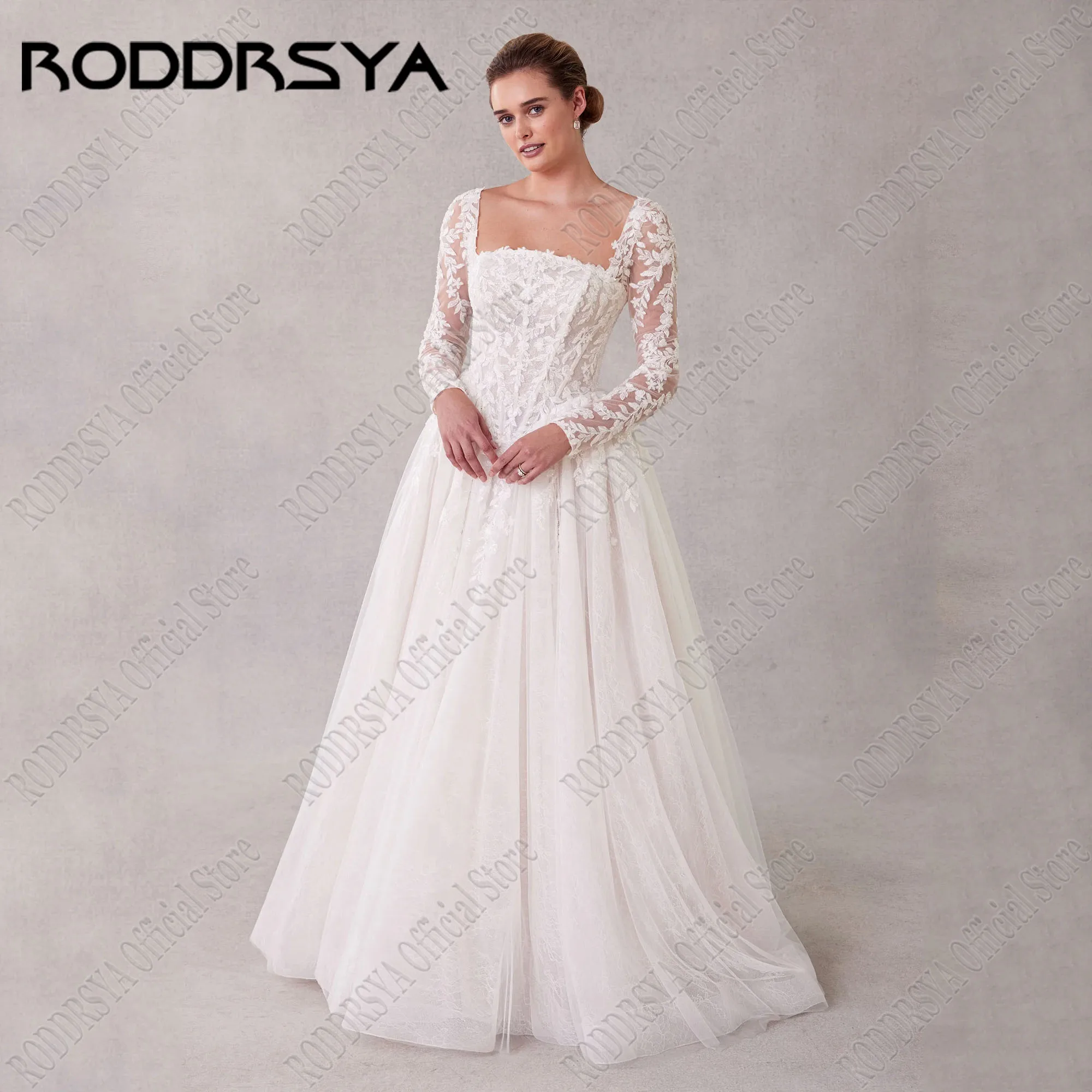 RODDRSYA-vestidos de novia de tul Vintage, manga larga, cuello cuadrado, línea A, apliques de encaje, vestidos de novia personalizadosVestido de novia retro roddrsya vestido de novia de manga larga cuello cuadrado en f