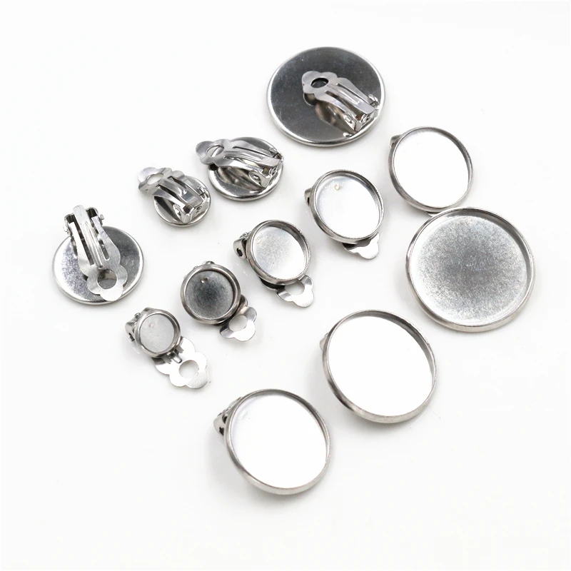 6/8/10/12/14/16/18/20mm 10pcs/lot Stainless Steel Material Ear Clips ,Earring Base Cameo Bezels Tray For Jewelry Supplies