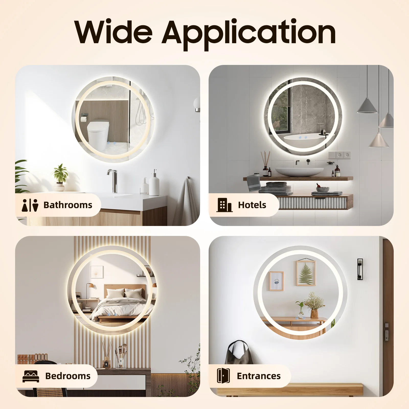 Espelho de banheiro iluminado por led, redondo, 3 cores, regulável, montado na parede, espelho de banheiro com luzes, inteligente, anti-neblina