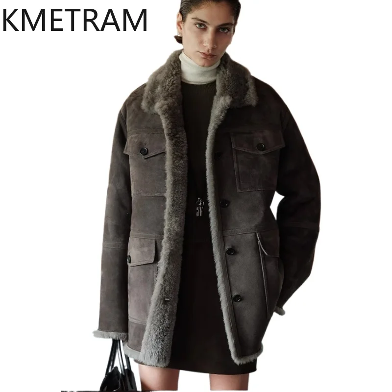 

KMETRAM Natural Merino Sheepskin with Wool Attached Coat Workwear Mid Length Real Fur Jacket 2025 Winter Woman Clothing Fourrure