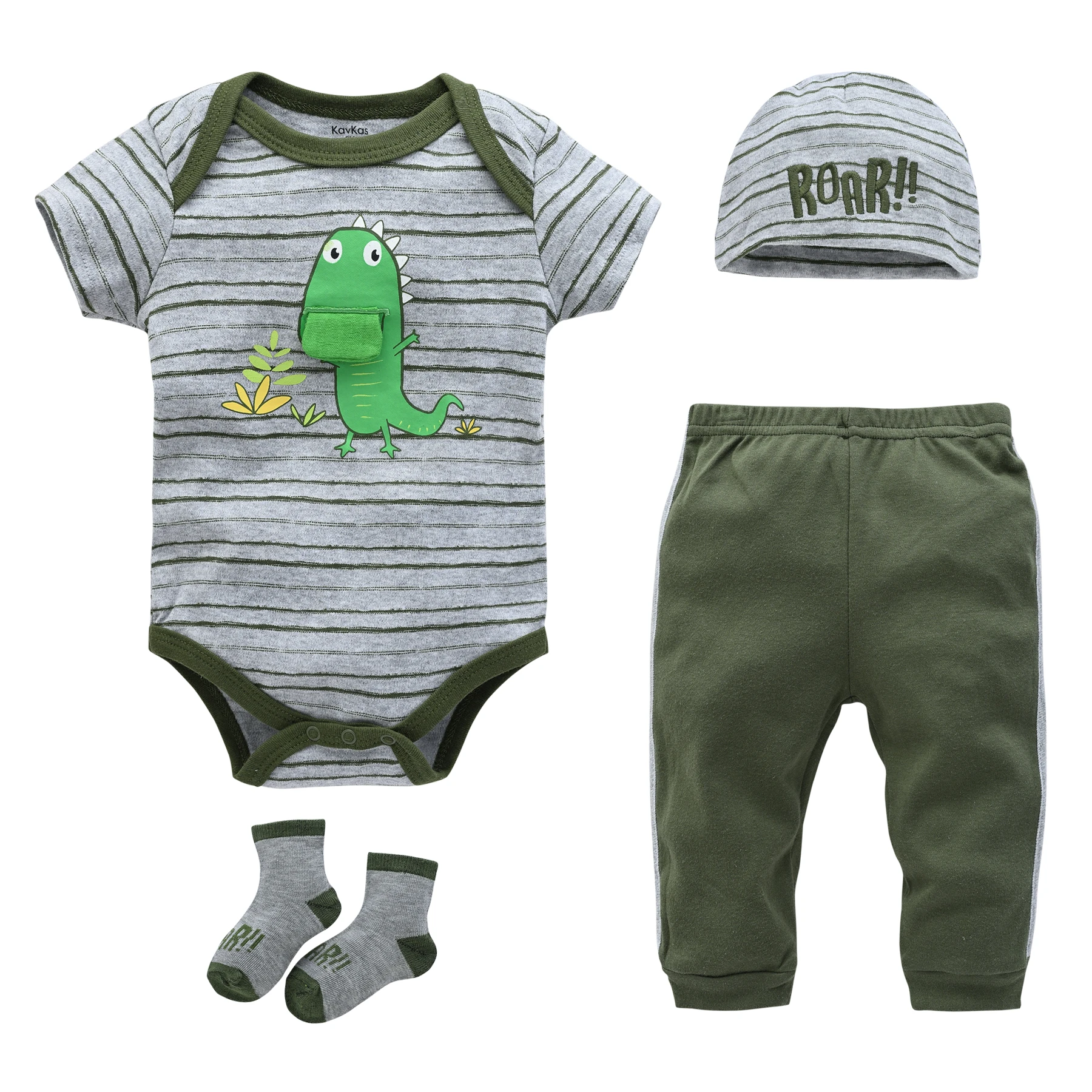 4 Pieces Baby Boys Clothing Cartoon Printing Baby Boys Romper+Pant+Socks+Hat Gift Set 100% Cotton Kids Outfit