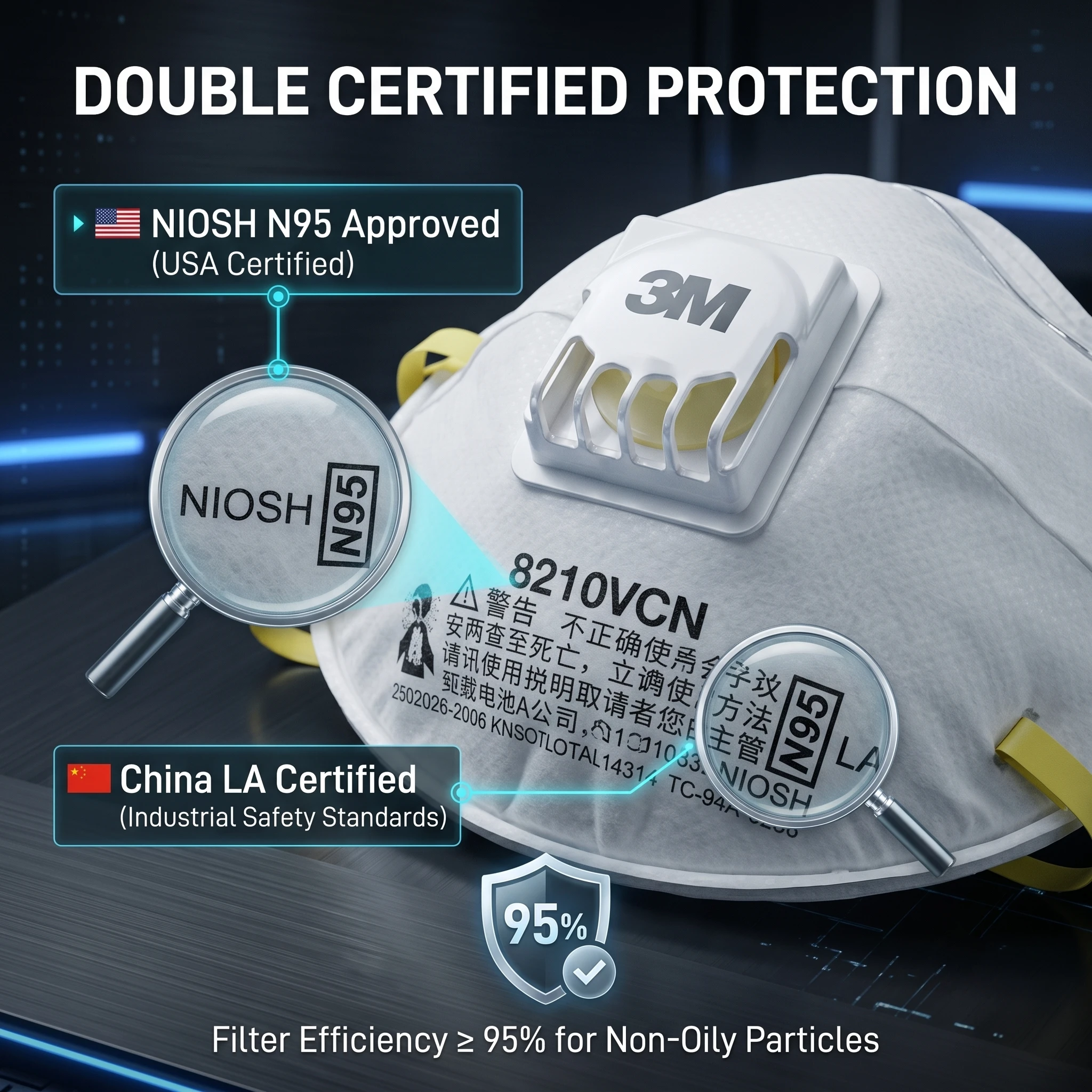 3M Respirator 8210V NIOSH-APPROVED N95 for at least 95 percent filtration efficiency against certain non-oil-based particles