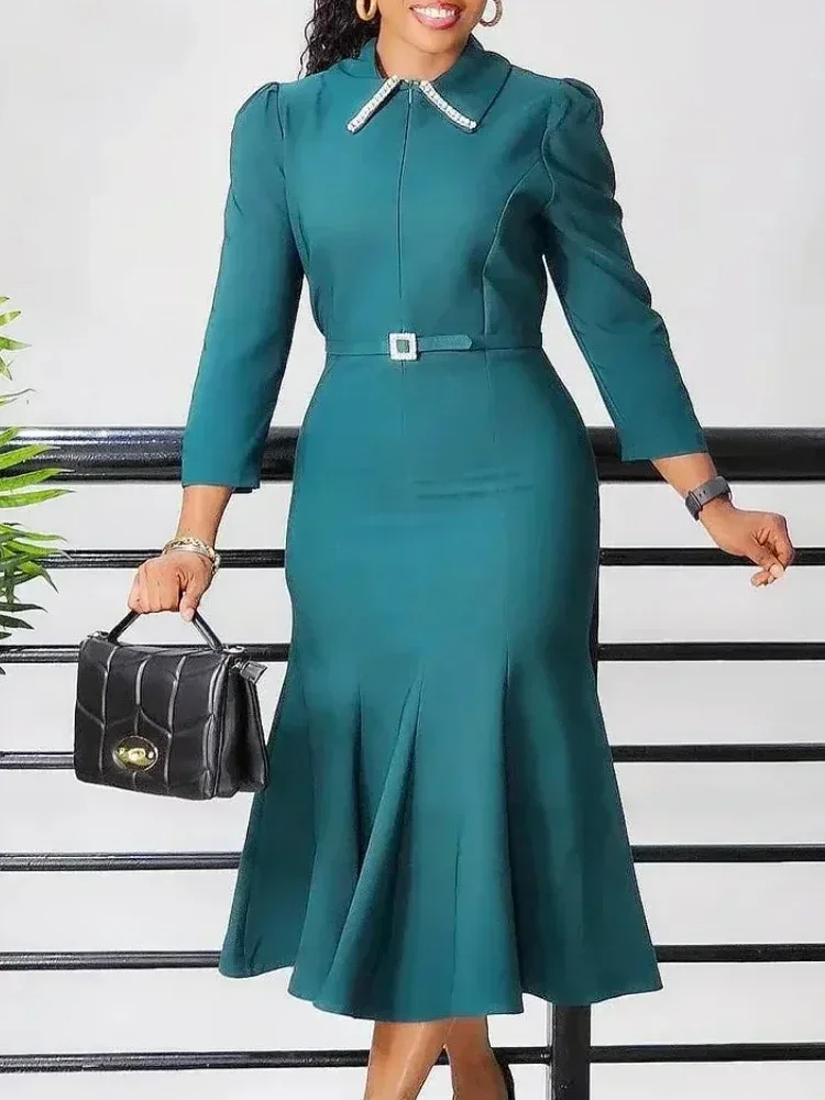 Elegant Church Dresses for Women Mermaid Long Sleeves Turn Down Collar Female Gowns Modest Classy Office Ladies Workwear Autumn