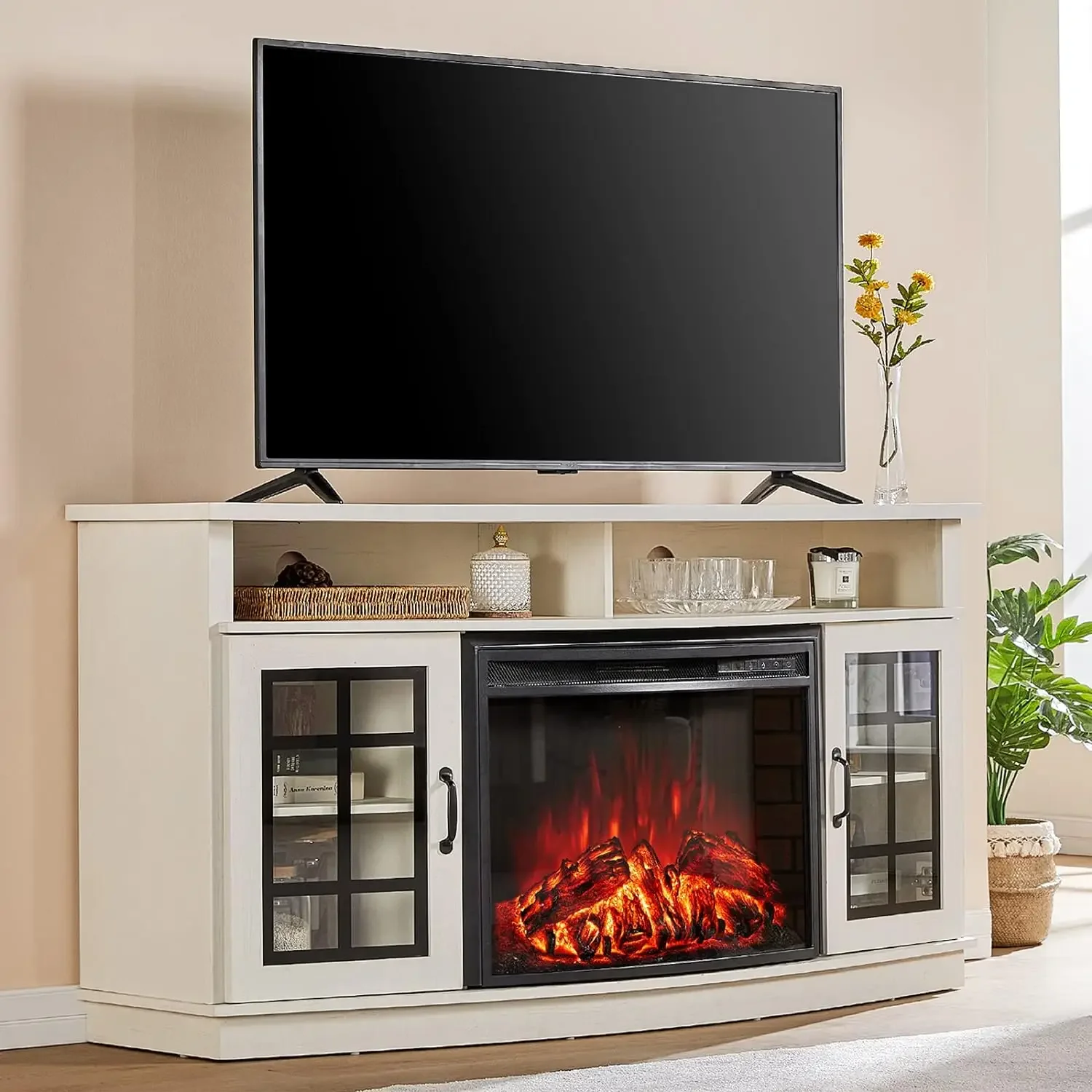 

Curved TV Cabinet with 26" Electric Fireplace for TVs up to 65", Media Fireplace TV Console Table with Storage Farmhouse Glass