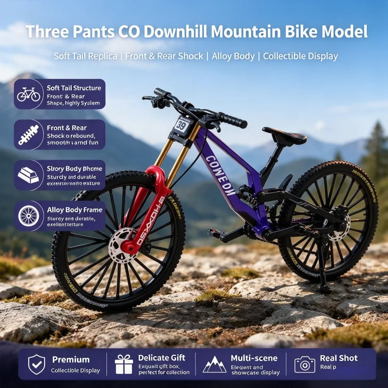 Soft Tail Downhill Mountain Bike Alloy Replica, Front & Rear Shock Absorption, Movable Components, Tabletop Display Collectible