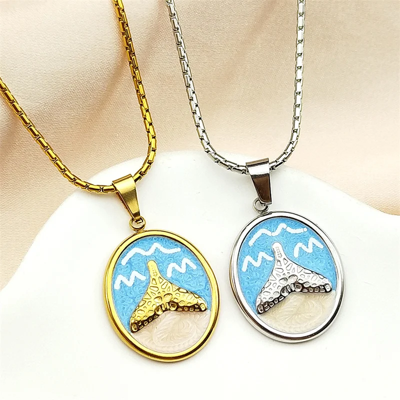 الحوت ذيل السماء البحر قلادة قلادة للنساء الرجال الفولاذ المقاوم للصدأ المينا الأزرق المحيط نمط العصرية سلسلة عنق مجوهرات الإكسسوار