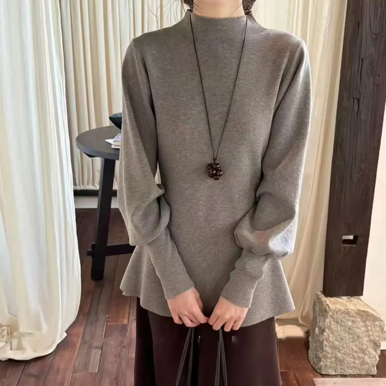 

French Lantern Sleeve Knitted Sweater 2026 Spring Autumn Women Elegant Mock Neck Sweater Female Soft Blouse Jumpers Bottom Shirt