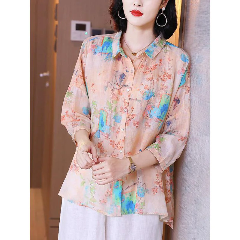 Elegant Vintage Print Oversize Cotton Linen Button Up Shirts Women Summer Fashion Casual Simple Ladies Tops Blouses Clothes 2023