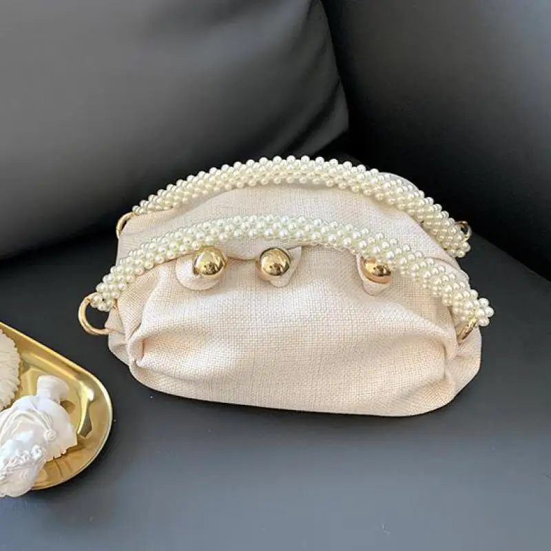 Light Luxury Fashion New Satin Silk Pearl Handle Women's Handbag High Sense Evening Dress Banquet Lipstick Cosmetics Storage Bag