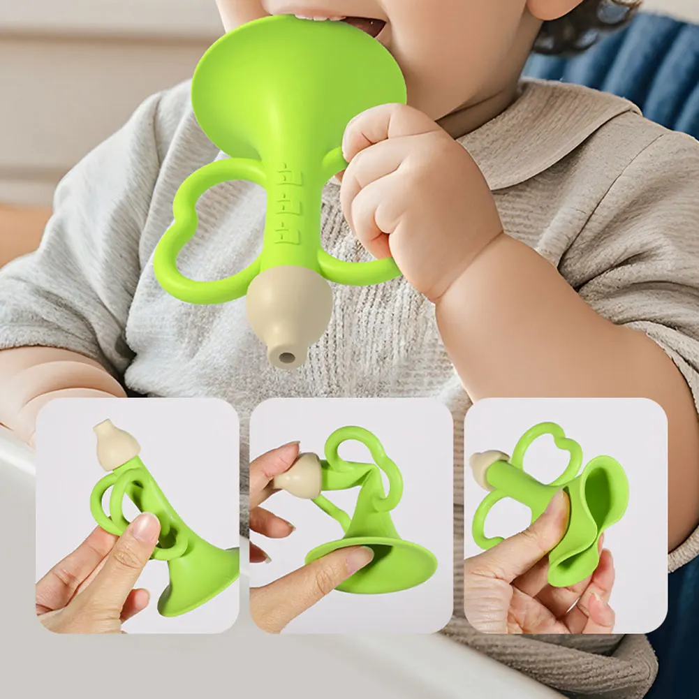Silicone Teething Whistle Baby Trumpet Toy Chewable Baby Musical Instrument Oral Motor Skill Toy Infant Breath Trainer