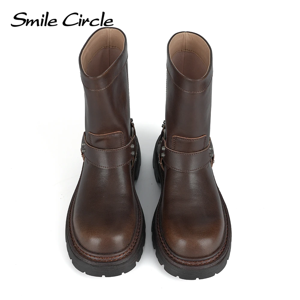 Smile Circle Women\'s Boots Genuine Leather Retro Chunky Boots