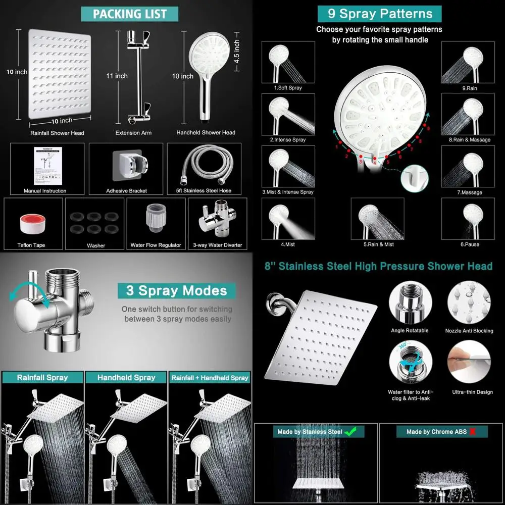 

11-Inch Extendable Shower Head Combo with Adjustable Settings, Anti-Leak, and Height/Angle Control in Chrome