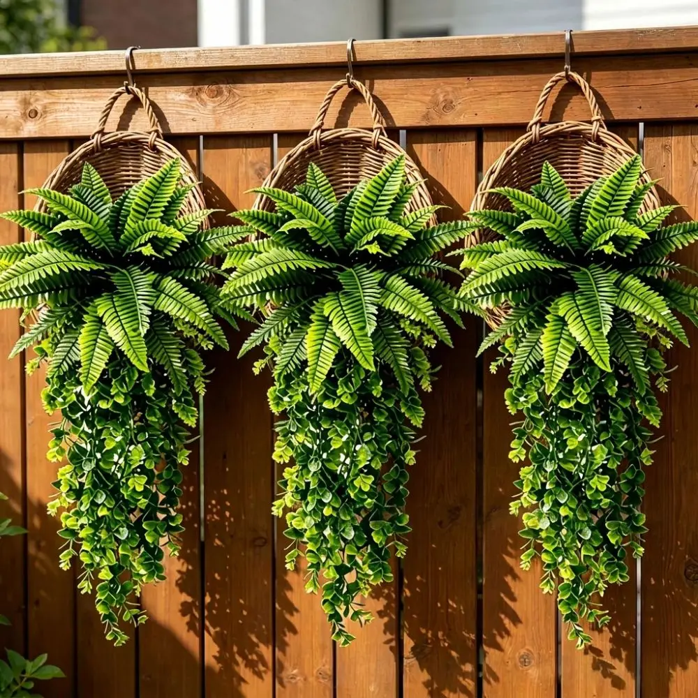 Plastic Artificial Persian Fern Leafs UV Resistant Realistic Boston Fern Eucalyptus Vine Real Touch Wall Mount