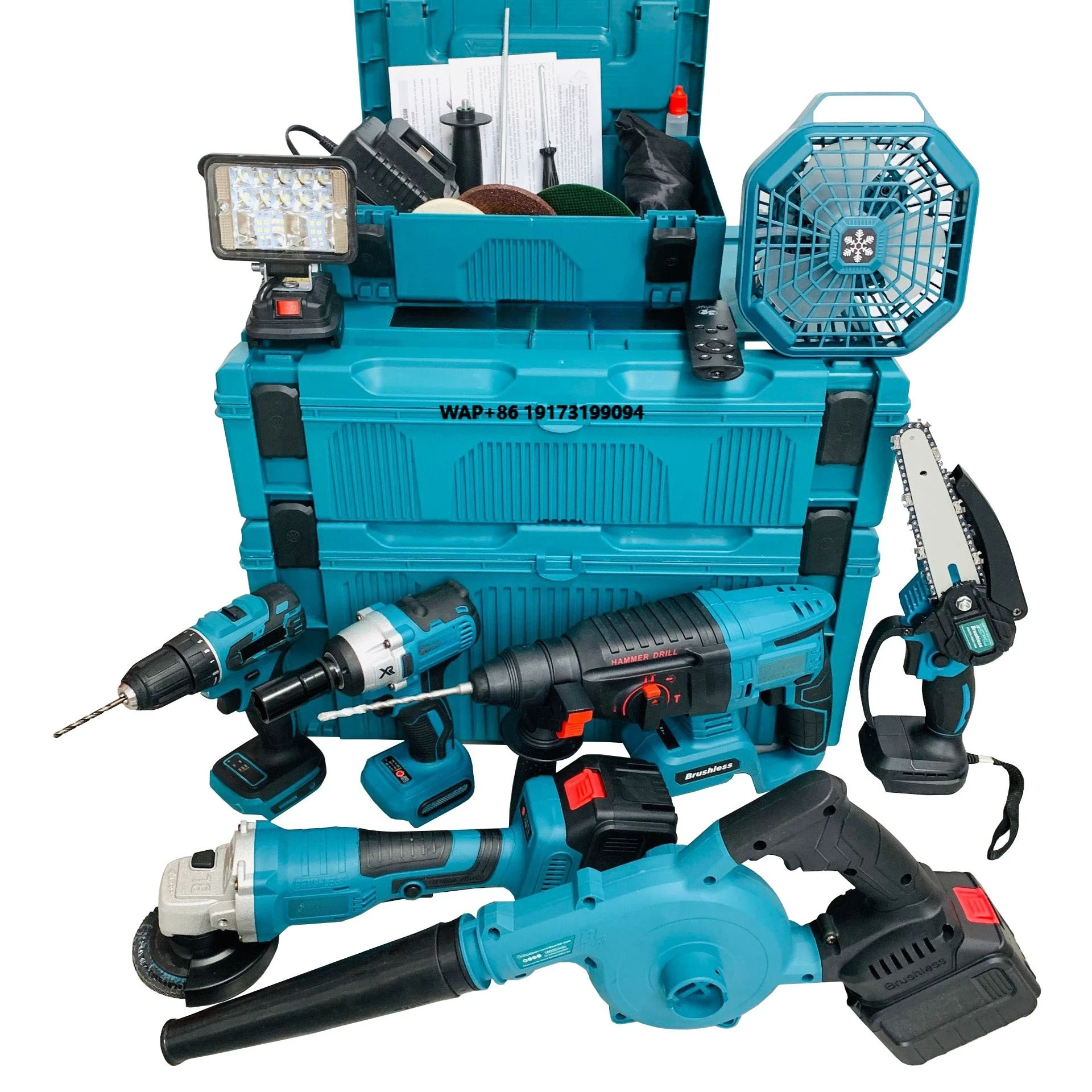 

8pcs Cordless Power Tools Lithium Electric Fan Brushless Angle Grinder Hammer Drill Chain Saw Blower Wrench Combination Tool Set