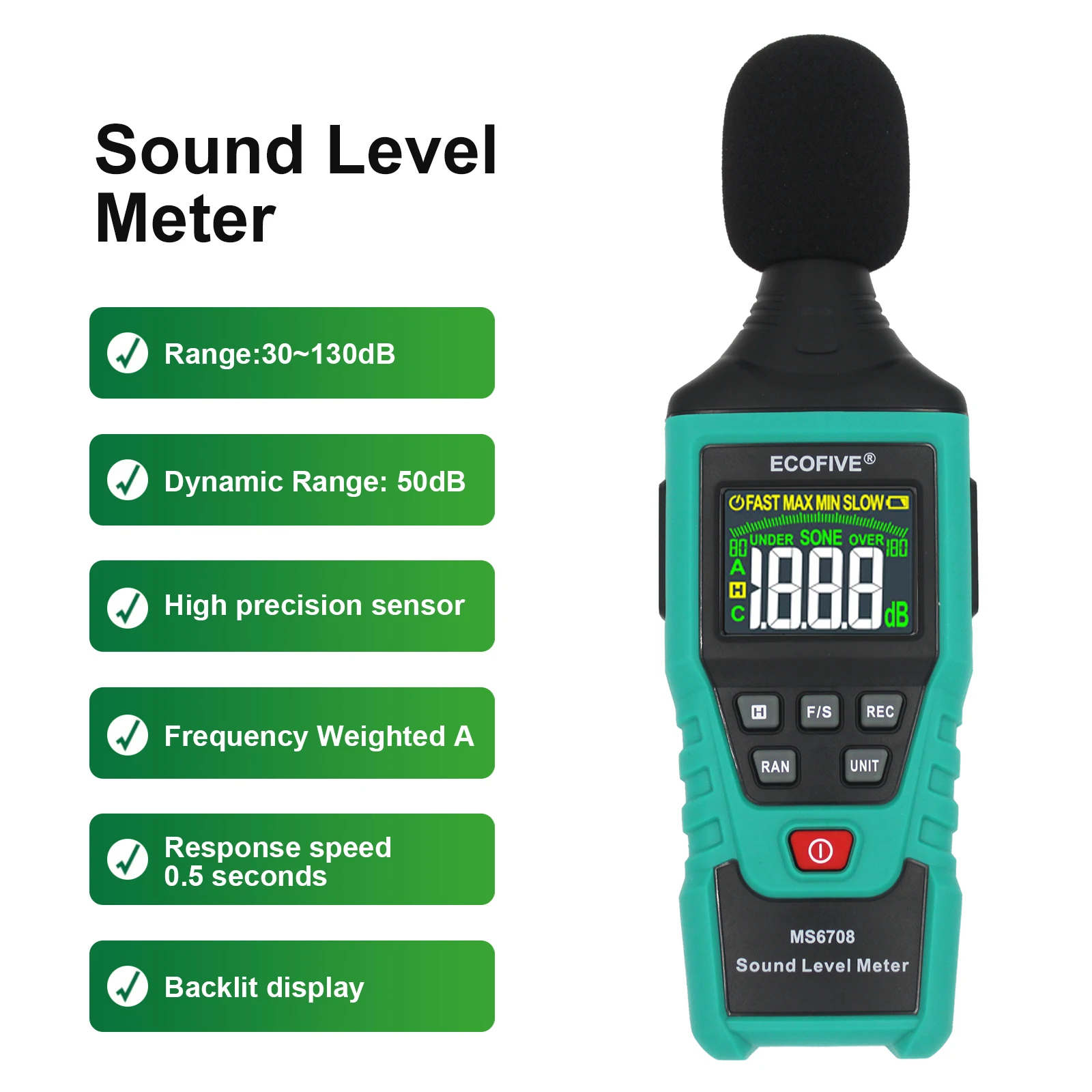 MS6708 Handheld Industrial Digital Sound Level Meter Decibel Tester 30~130dB Analog Bar Display Back Light