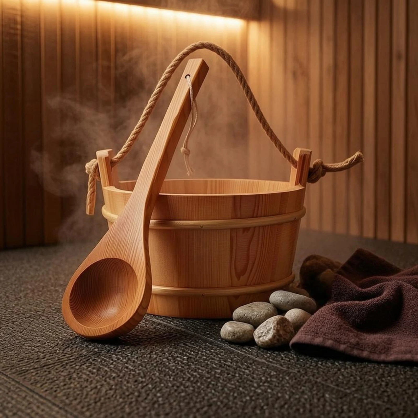 Red Cedar Sauna Pail Reinforcing Bands Sauna Pail and Ladle Set Wellness Item Handmade Nordic Design