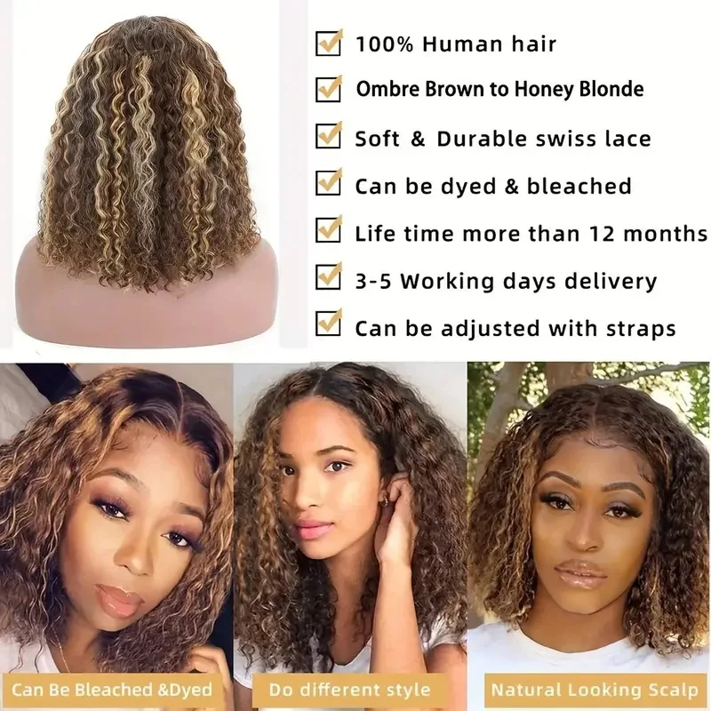 Perruque Bob Lace Front Wig 4/27 Naturelle, Cheveux Blond Miel, Deep Wave, 13x4, Convient aux Femmes Noires, Convient aux Festivals